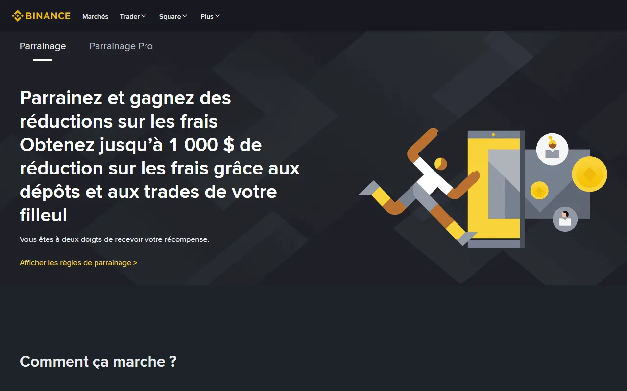 Page publique Binance en français montrant les onglets Parrainage et Parrainage Pro ainsi que les conditions de l’offre affichée