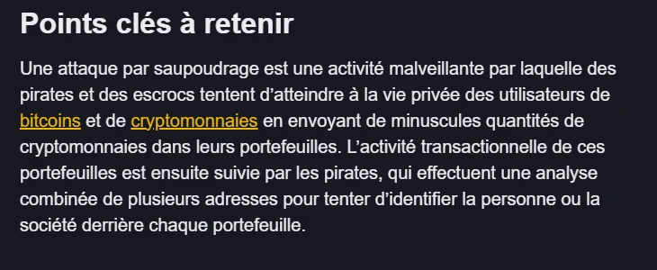 Définition de l'attaque par saupoudrage sur Binance Academy en français, encadré « Points clés à retenir » : envoi de minuscules quantités de cryptomonnaies, puis analyse combinée de plusieurs adresses pour identifier la personne ou la société derrière chaque portefeuille