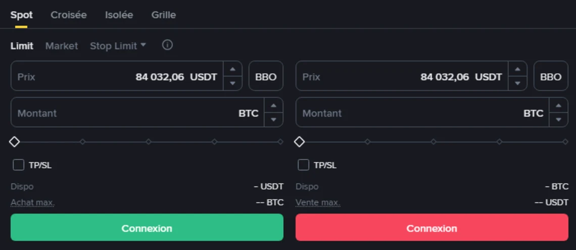 Panneau d'ordre Limit de Binance en français : champ Prix prérempli à 84 032,06 USDT, bouton BBO à droite, champ Montant en BTC et case TP/SL