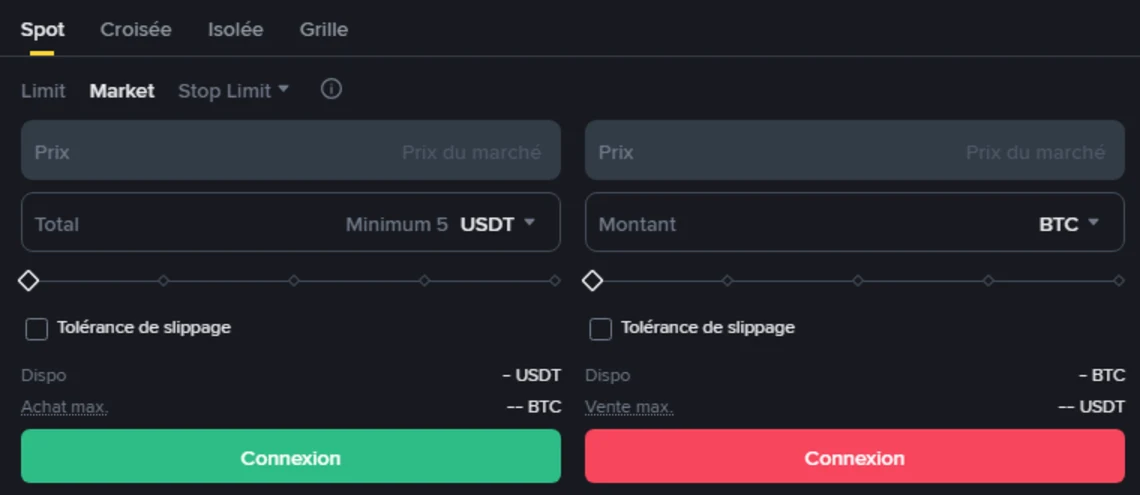 Panneau d'ordre Market de Binance en français : champ Prix grisé affichant Prix du marché, champ Total portant la mention Minimum 5 USDT, case Tolérance de slippage