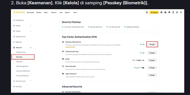 Halaman Keamanan akun Binance pada panduan resmi: bagian Two-Factor Authentication (2FA) dengan baris Passkeys (Biometrics) berstatus On dan tombol Manage di sebelah kanan