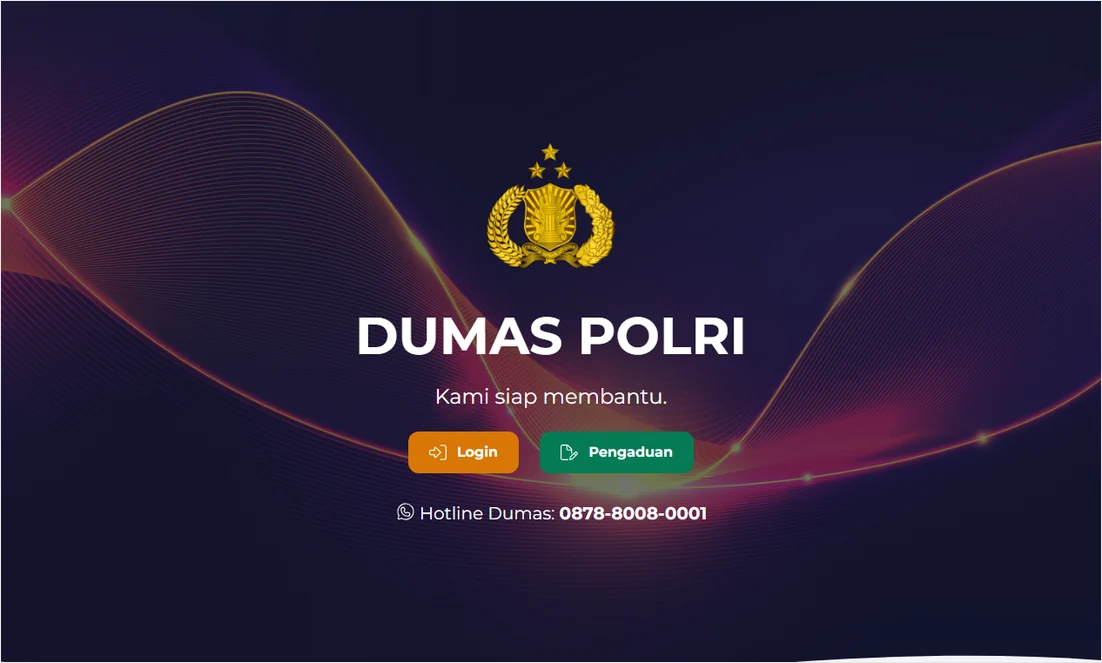 Halaman depan situs resmi Dumas Polri dengan tombol Login dan Pengaduan serta Hotline Dumas 0878-8008-0001