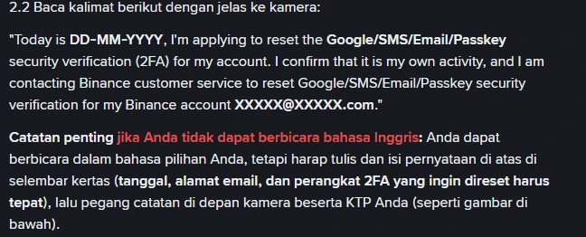 Langkah 2.2 artikel bantuan Binance: kalimat berbahasa Inggris yang harus dibacakan ke kamera, disertai catatan bahwa penutur non-Inggris boleh berbicara dalam bahasa sendiri asalkan pernyataan itu ditulis di selembar kertas