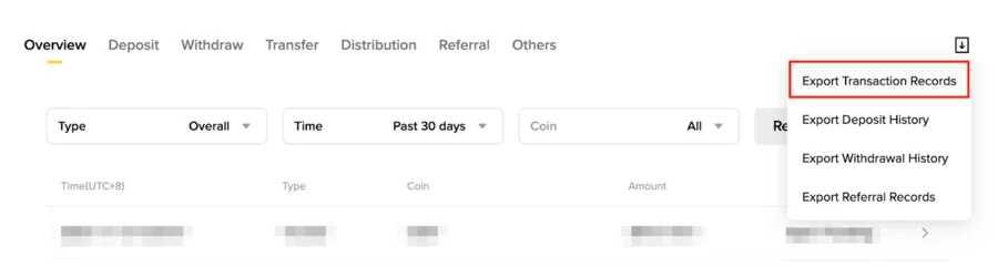 Page Historique des actifs de Binance : onglets Overview, Deposit, Withdraw, Transfer, Distribution, Referral et menu d'export ouvert sur Export Transaction Records