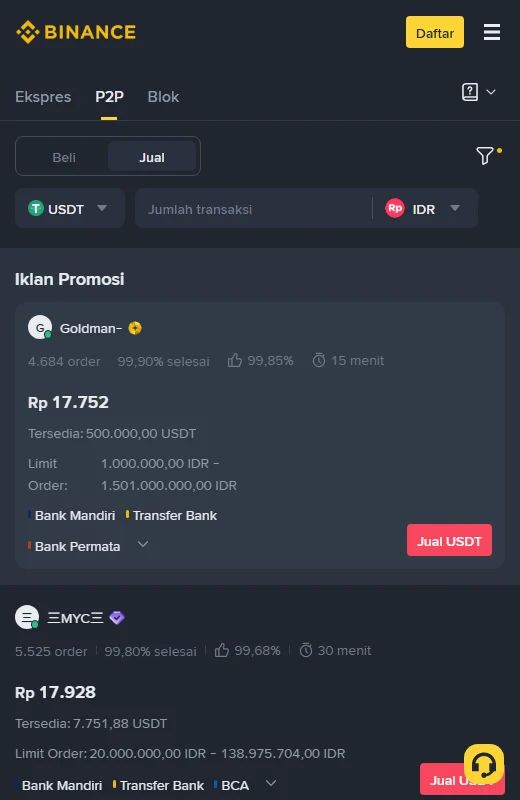 Halaman Binance P2P berbahasa Indonesia pada tab Jual untuk USDT/IDR, menampilkan Iklan Promosi seharga Rp 17.752 di atas iklan biasa seharga Rp 17.928