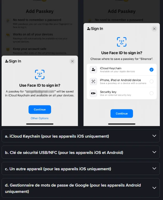 Fenêtres iOS de l’aide Binance lors de l’ajout d’une clé d’accès : choix entre Trousseau iCloud, iPhone, iPad ou appareil Android et clé de sécurité, avec les quatre méthodes proposées sur l’application