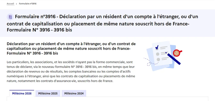 Page du formulaire 3916 sur impots.gouv.fr : le texte officiel mentionne les comptes d'actifs numériques à l'étranger, avec les onglets Millésime 2026, 2025 et 2024