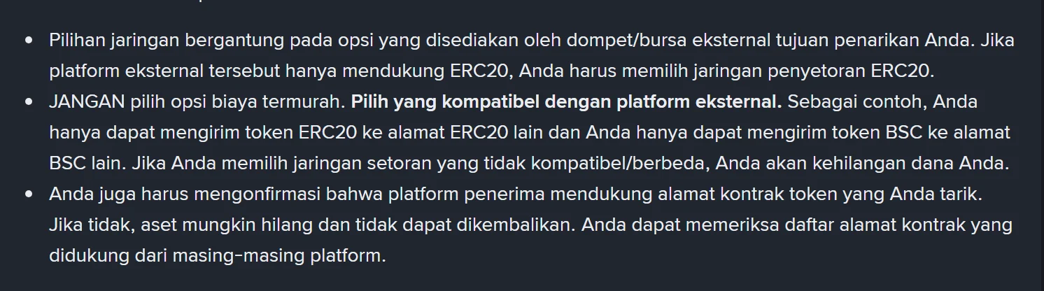 Kutipan halaman bantuan Binance berbahasa Indonesia yang menulis JANGAN pilih opsi biaya termurah, pilih yang kompatibel dengan platform eksternal, beserta peringatan bahwa jaringan setoran yang tidak kompatibel membuat dana hilang