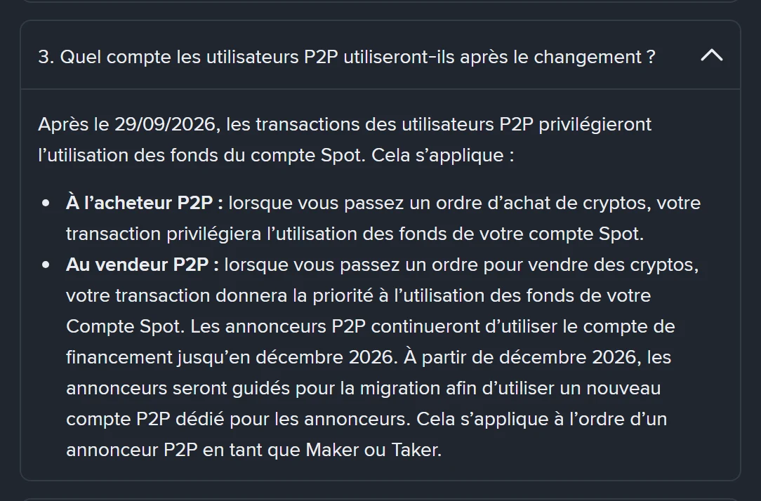 FAQ de migration Binance : après le 29/09/2026, l'acheteur P2P est financé en priorité par le compte Spot