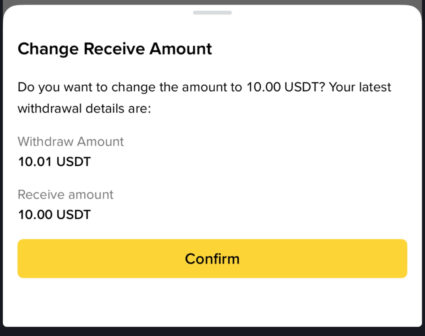 Tangkapan layar aplikasi Binance pada halaman bantuan resmi: kotak dialog Change Receive Amount menampilkan Withdraw Amount 10.01 USDT dan Receive amount 10.00 USDT