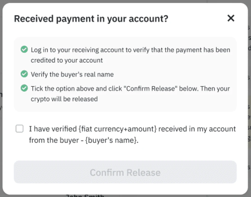Jendela konfirmasi Binance P2P berjudul "Received payment in your account?" berisi tiga poin pemeriksaan dan kotak centang verifikasi yang harus dicentang sebelum tombol Confirm Release bisa ditekan