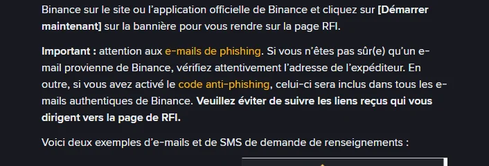 Avertissement officiel de Binance sur les e-mails de phishing liés aux demandes de renseignements, recommandant de ne pas suivre les liens reçus