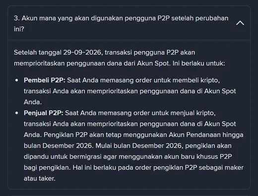 Kutipan FAQ migrasi resmi Binance yang menyatakan penjual P2P akan memprioritaskan dana di Akun Spot sejak 29 September 2026