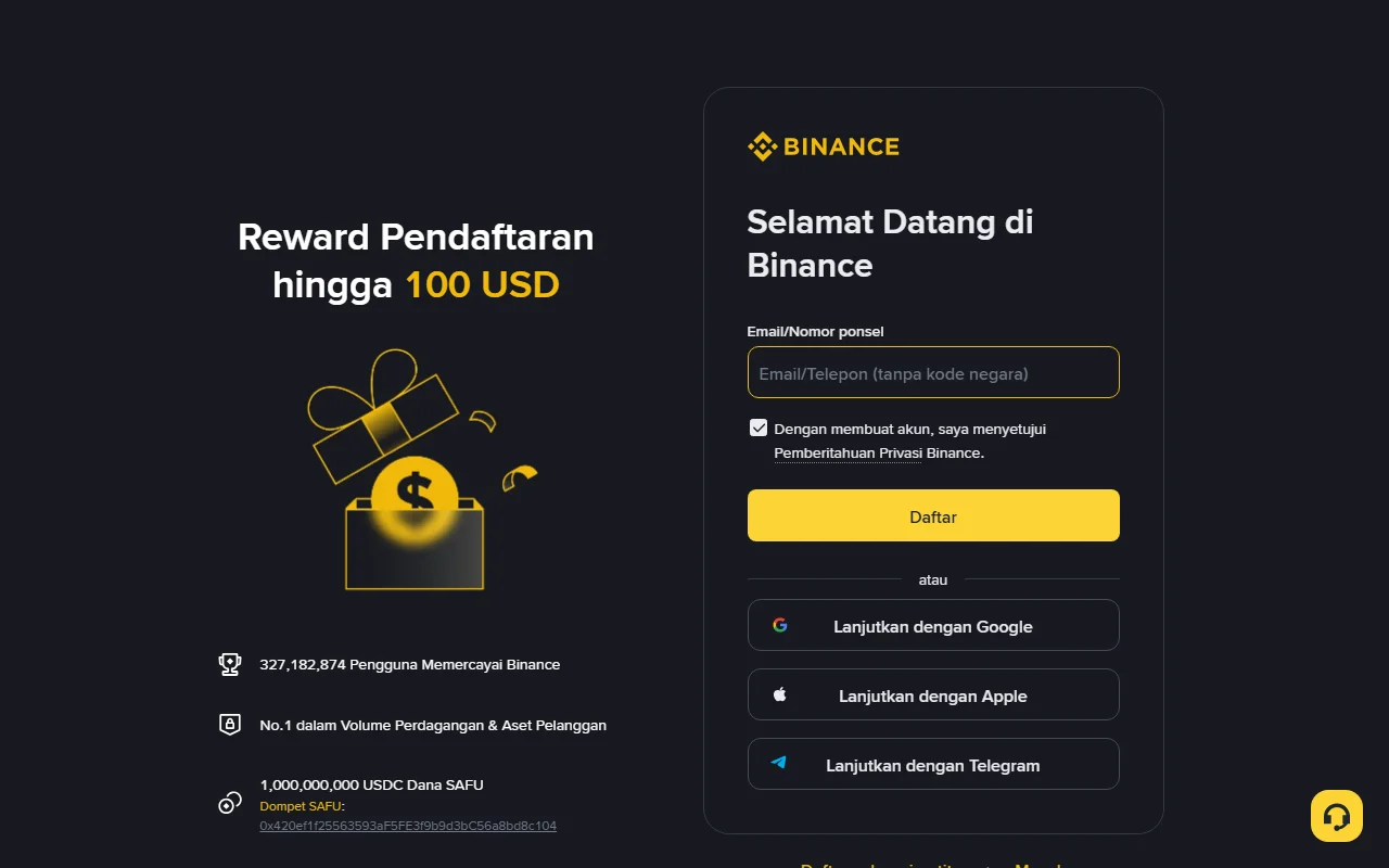 Halaman pendaftaran Binance berbahasa Indonesia pada 14 Agustus 2026, menampilkan kolom email atau nomor ponsel dan pilihan melanjutkan dengan Google, Apple, atau Telegram