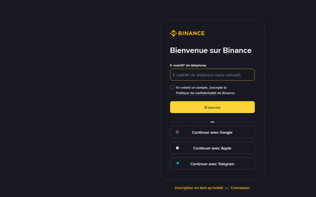 Page d’inscription officielle de Binance en français avec le champ e-mail ou numéro de téléphone et les boutons Google, Apple et Telegram