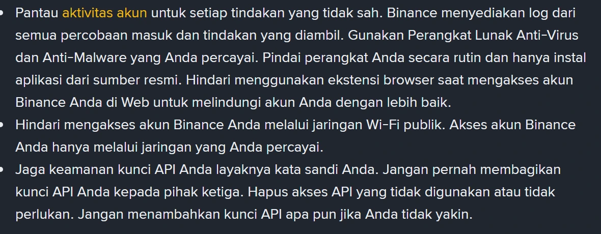Daftar tips keamanan akun di halaman bantuan Binance berbahasa Indonesia, berisi butir tentang menjaga kunci API layaknya kata sandi dan tidak membagikannya kepada pihak ketiga