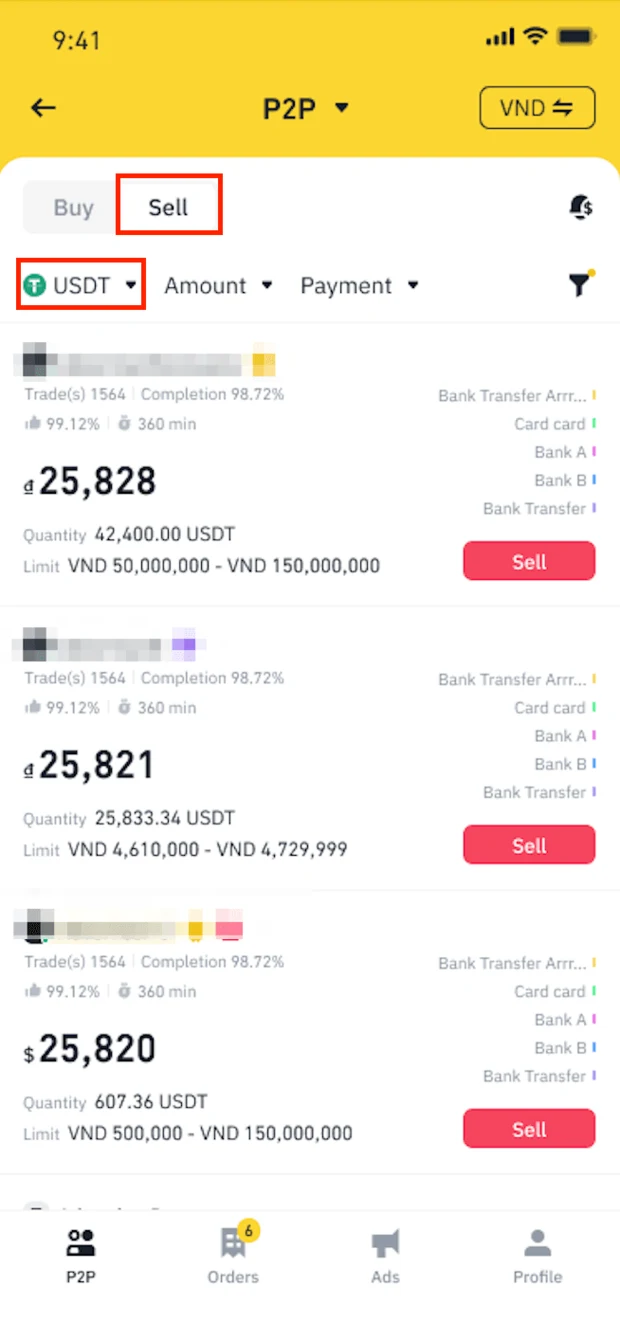 币安官方教学插图:App 端 C2C 页面的卖出列表,顶部 Sell 标签页与 USDT 币种选择器用红框标出,每条广告下方显示单价、可售数量与订单限额区间,广告方昵称由官方模糊处理