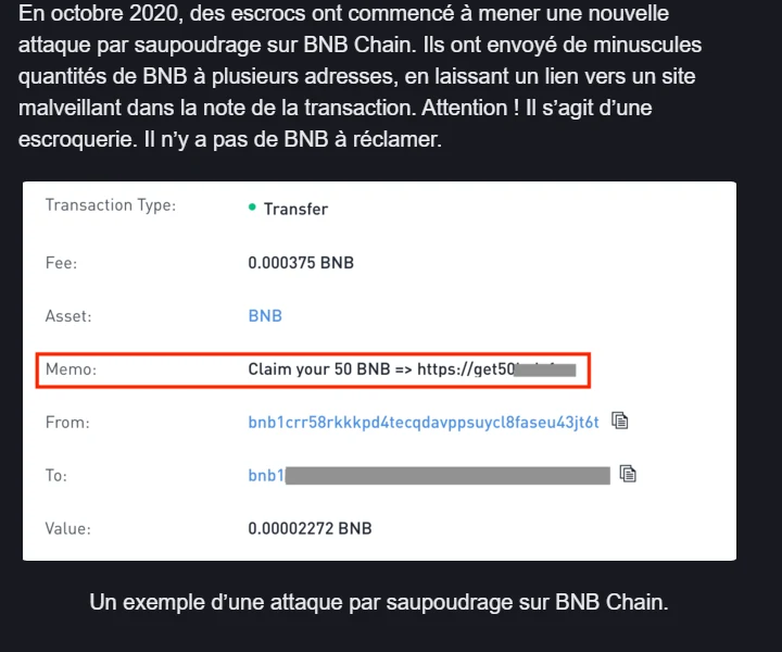 Exemple officiel de Binance Academy : détail d'une transaction de saupoudrage sur BNB Chain, 0,00002272 BNB envoyé, champ Memo encadré en rouge contenant « Claim your 50 BNB => https://get50… », adresse destinataire masquée