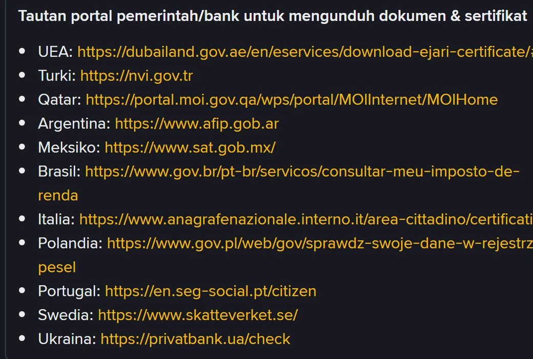 Daftar tautan portal pemerintah di halaman bantuan Binance: UEA, Turki, Qatar, Argentina, Meksiko, Brasil, Italia, Polandia, Portugal, Swedia, dan Ukraina