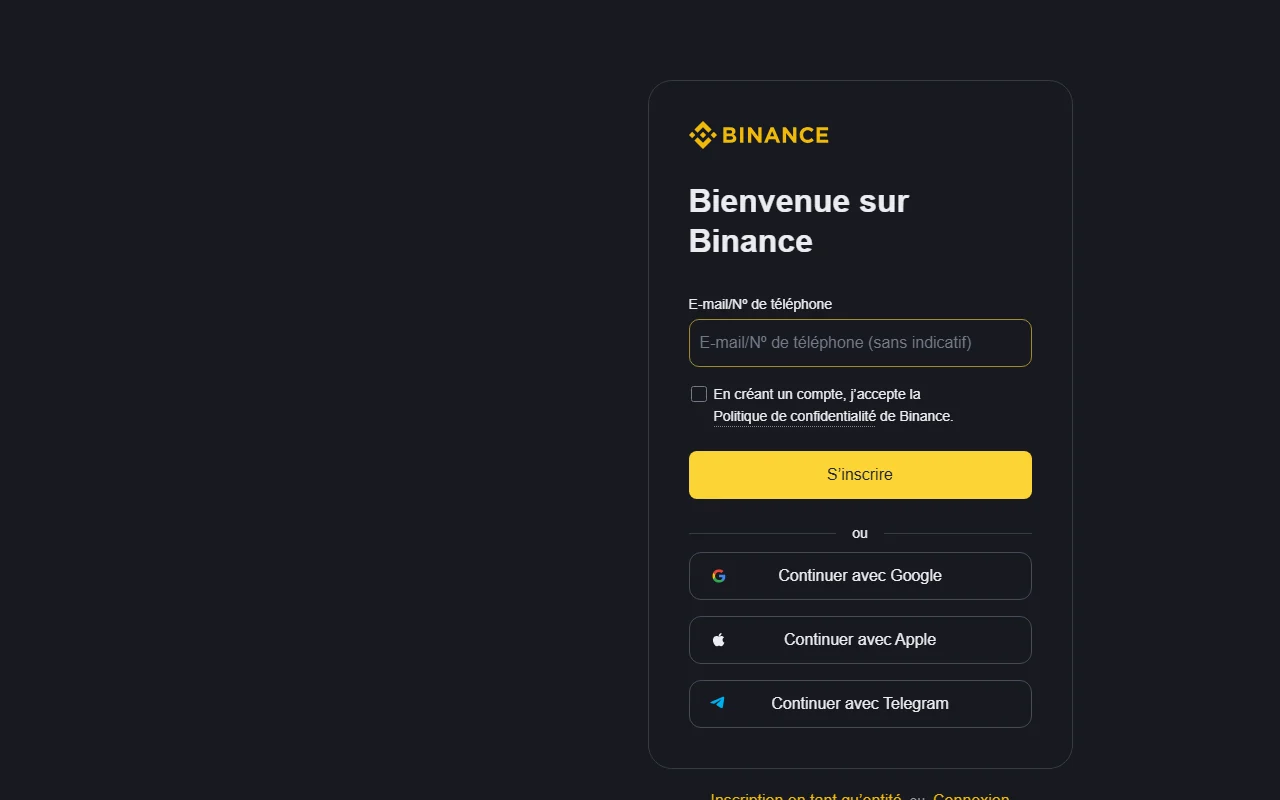 Page publique d’inscription Binance en français affichant le champ e-mail ou numéro de téléphone et les options Google, Apple et Telegram