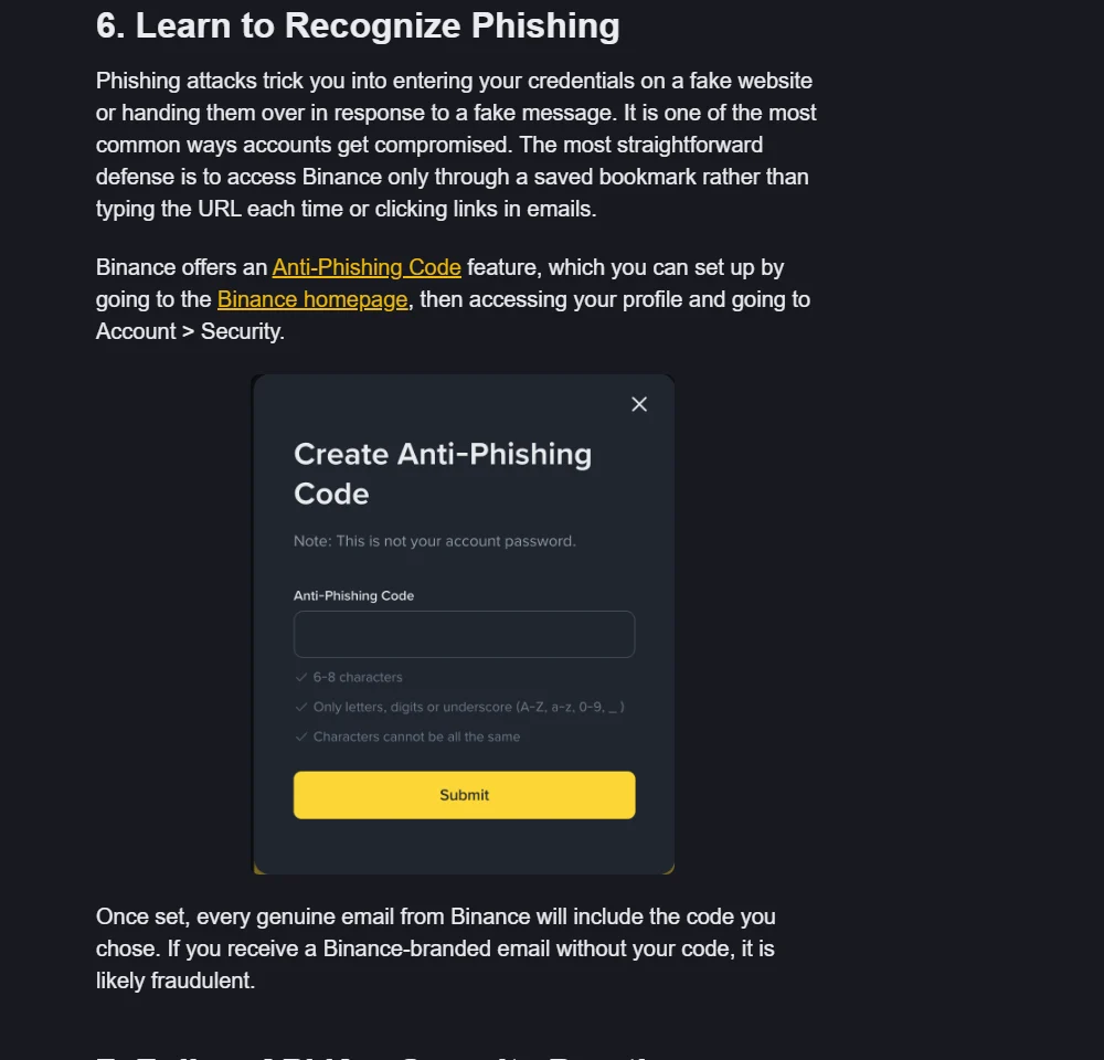 Binance 官方安全指南中的 Create Anti-Phishing Code 窗口，显示反钓鱼码长度和字符规则