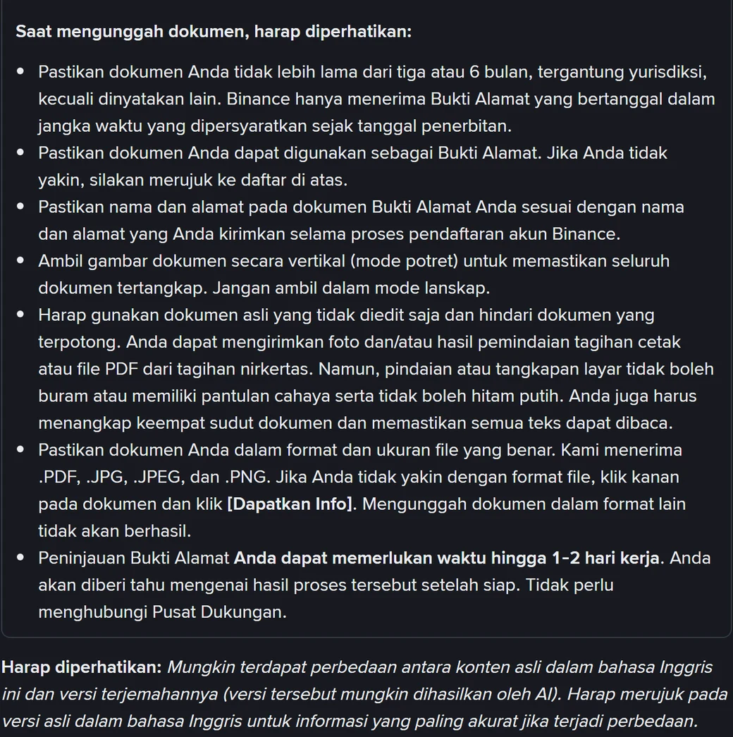 Catatan resmi sebelum mengunggah Bukti Alamat: batas tiga atau enam bulan, larangan dokumen hitam putih dan terpotong, format PDF, JPG, JPEG, PNG, serta tinjauan hingga 1-2 hari kerja