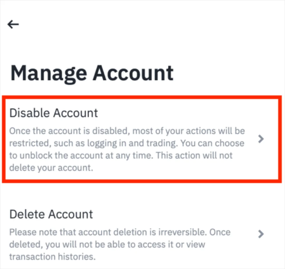Layar Manage Account di aplikasi Binance dengan Disable Account disorot kotak merah di atas dan Delete Account tepat di bawahnya