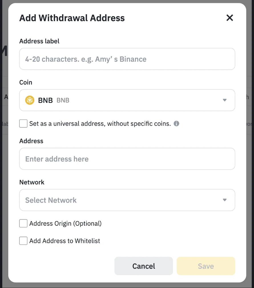 币安帮助中心页面内的「Add Withdrawal Address」弹窗截图,自上而下依次是地址备注 Address label、币种 Coin(示例为 BNB)、设为通用地址的复选框、地址输入栏、网络下拉框,以及 Address Origin(选填)与 Add Address to Whitelist 两个复选框