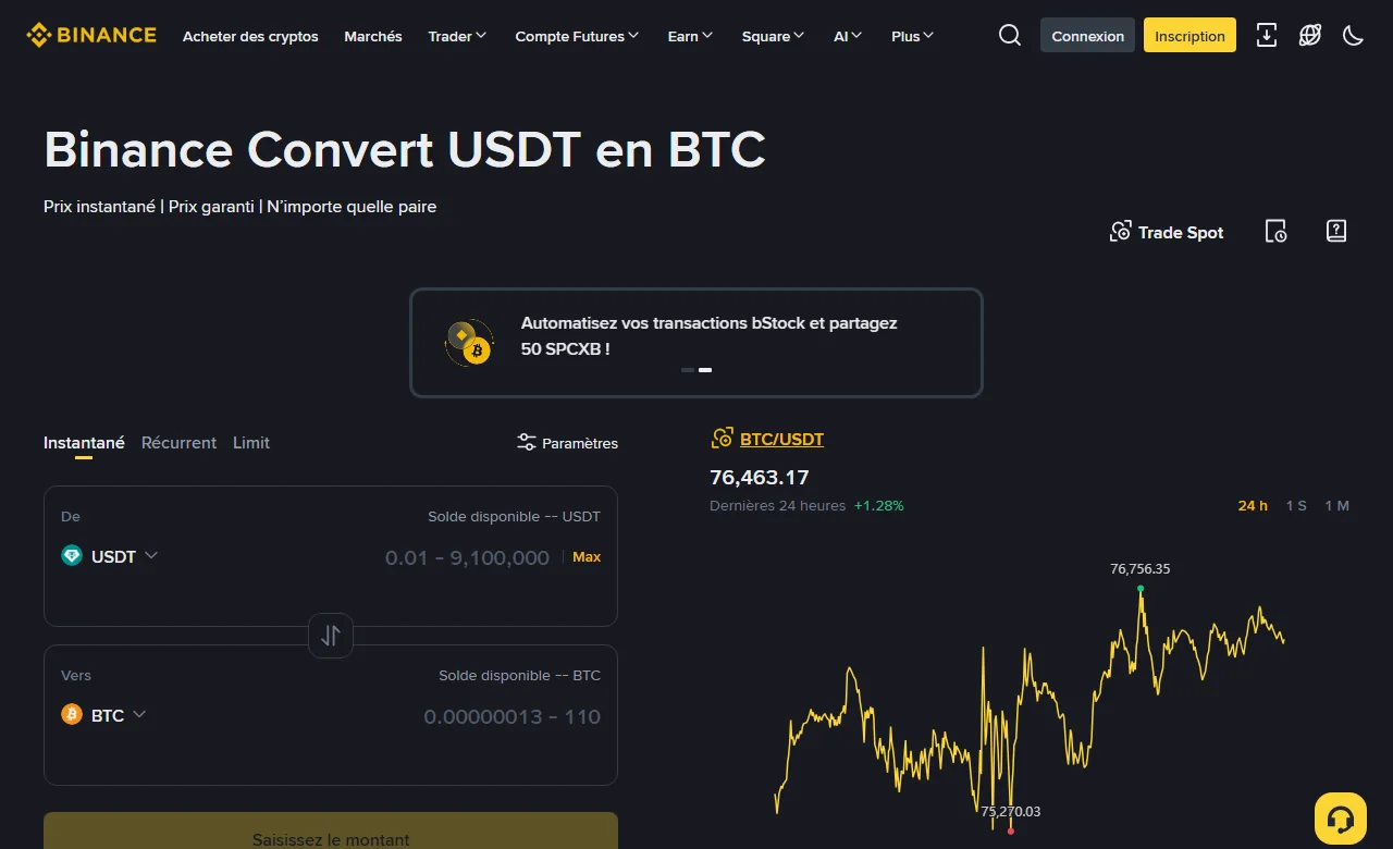 Page Binance Convert en français, paire USDT vers BTC : les onglets Instantané, Récurrent et Limit au-dessus du formulaire, et à droite le cours de référence BTC/USDT avec sa variation sur 24 heures et un lien vers le Trade Spot