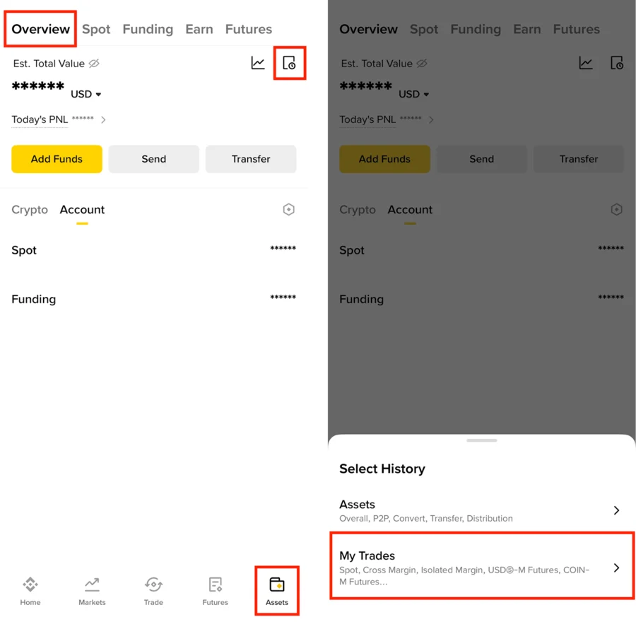 Capture officielle de l'application Binance : écran Actifs avec l'icône d'historique, et sélecteur Select History proposant Assets d'un côté et My Trades de l'autre