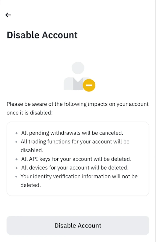 币安 App 的 Disable Account 确认页,列出禁用后的五项影响:取消所有待处理提现、停用全部交易功能、删除所有 API 密钥、删除所有设备,身份认证信息不会被删除,底部是 Disable Account 按钮