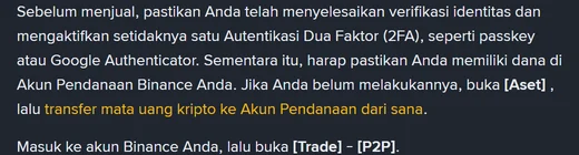 Kutipan panduan resmi Binance berbahasa Indonesia tentang menjual kripto di P2P, yang meminta pengguna memastikan dana berada di Akun Pendanaan sebelum menjual