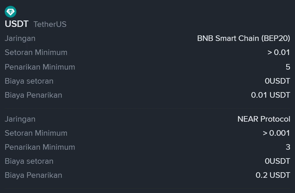 Halaman biaya resmi Binance berbahasa Indonesia untuk USDT: kartu BNB Smart Chain (BEP20) menunjukkan Penarikan Minimum 5 dan Biaya Penarikan 0.01 USDT, sementara kartu NEAR Protocol di bawahnya menunjukkan Penarikan Minimum 3 dan Biaya Penarikan 0.2 USDT