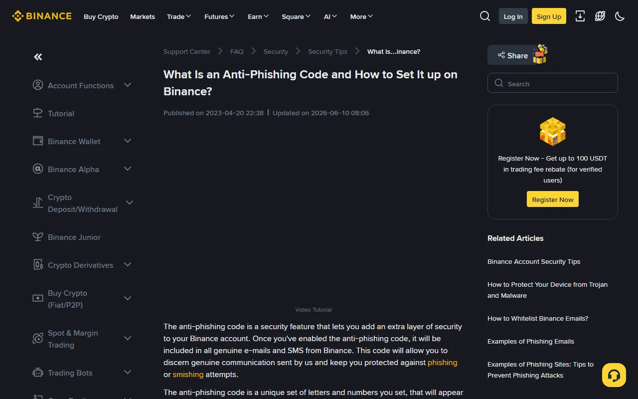 Capture d’écran de l’article d’aide officiel Binance consacré au code anti-phishing