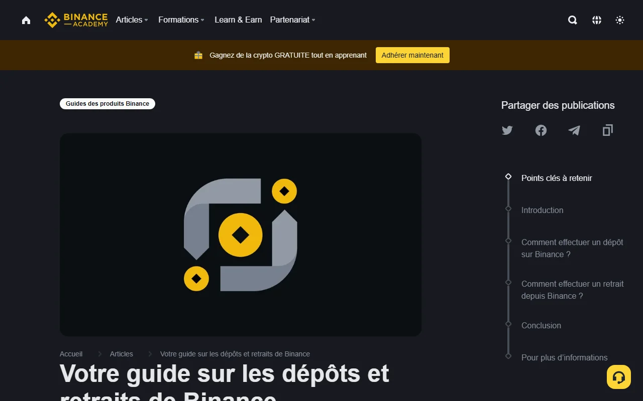 Capture de la page publique Binance Academy en français montrant le guide officiel sur les dépôts et retraits de Binance