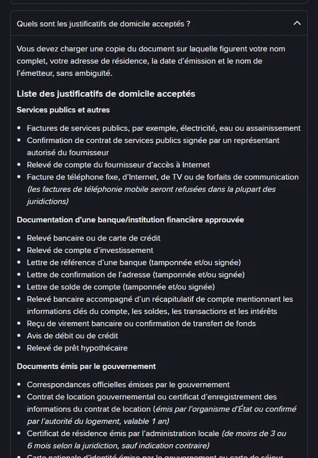 Liste officielle des justificatifs de domicile acceptés par Binance, classée en services publics, documents bancaires et documents gouvernementaux