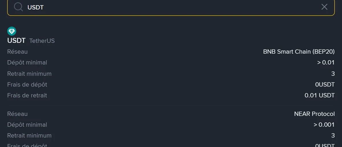 Frais de retrait USDT sur Binance : quel réseau choisir entre 0,01 et 1,50 USDT