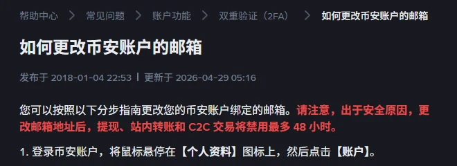 币安简体中文帮助中心「如何更改币安账户的邮箱」页面截图,标注发布于 2018-01-04、更新于 2026-04-29,正文红字写明「请注意,出于安全原因,更改邮箱地址后,提现、站内转账和 C2C 交易将禁用最多 48 小时」,下方是第 1 步的操作说明