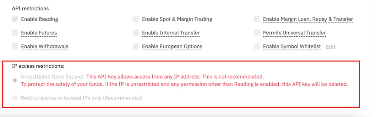 币安网页端 API 管理页面的权限区域截图，API restrictions 下九个选项分三列排列，仅 Enable Reading 为已勾选的灰色状态，下方红框内是 IP access restrictions 两个单选项与红色警告文字