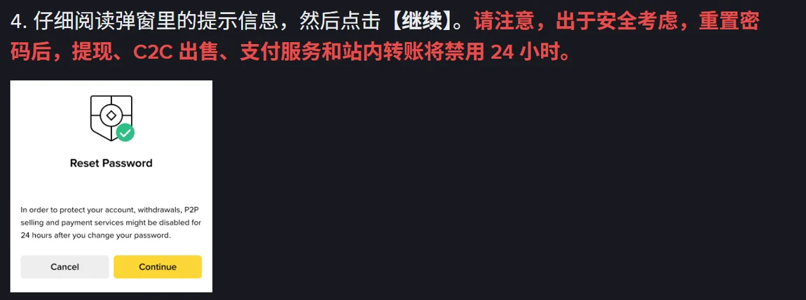 币安帮助中心重置密码页面的第 4 步,红字提示重置密码后提现、C2C 出售、支付服务和站内转账将禁用 24 小时,下方是英文界面的 Reset Password 确认弹窗