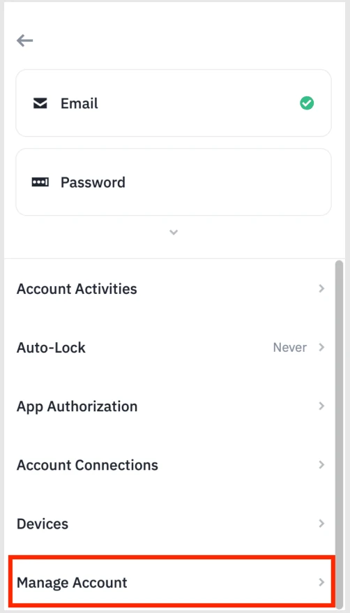 币安 App 账户安全菜单下半部分,自上而下依次是 Account Activities、Auto-Lock(显示 Never)、App Authorization、Account Connections、Devices 与 Manage Account