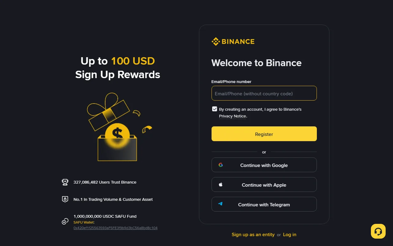 2026 年 8 月 13 日 Binance 官方注册页面，右侧提供邮箱或手机号输入框，以及 Google、Apple 和 Telegram 注册选项