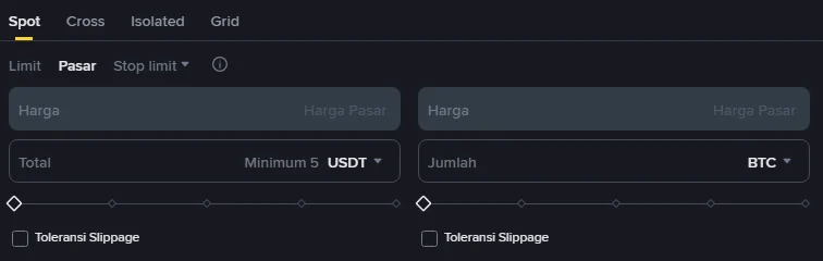 Panel order Spot Binance dengan tab Pasar aktif: kolom Harga terkunci pada Harga Pasar, kolom Total bertanda Minimum 5 USDT di sisi beli, kolom Jumlah dalam BTC di sisi jual, dan kotak centang Toleransi Slippage