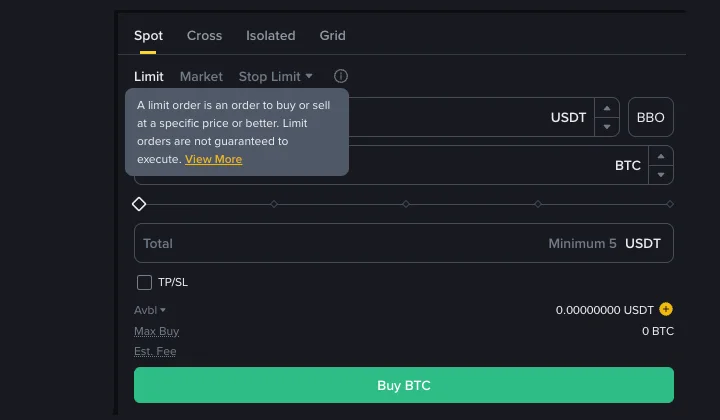 Binance Academy 官方限价单说明中的现货下单面板,显示 Limit、Market、Stop Limit 标签以及价格和数量输入区