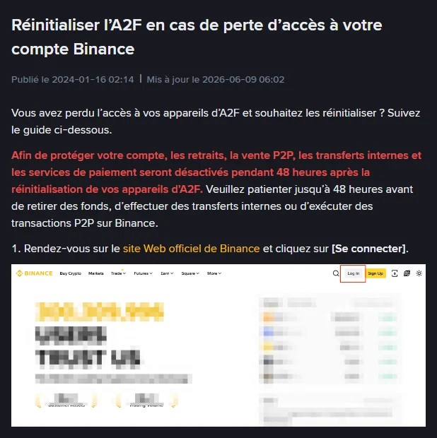 Page d'aide Binance en français Réinitialiser l'A2F en cas de perte d'accès à votre compte Binance, mise à jour le 2026-06-09, avec un avertissement rouge sur la désactivation des retraits, de la vente P2P, des transferts internes et des services de paiement pendant 48 heures