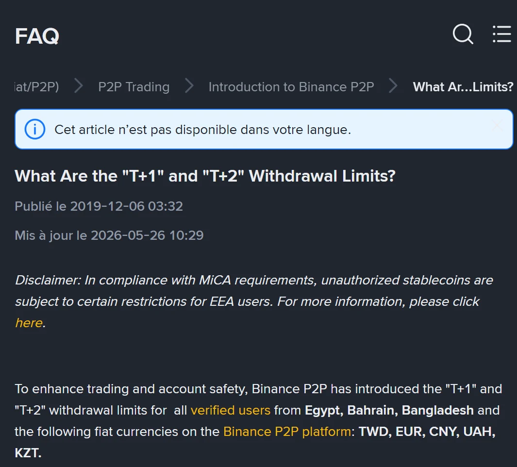 Page d'aide Binance en français affichant le bandeau « Cet article n'est pas disponible dans votre langue » au-dessus du titre anglais des limites T+1 et T+2