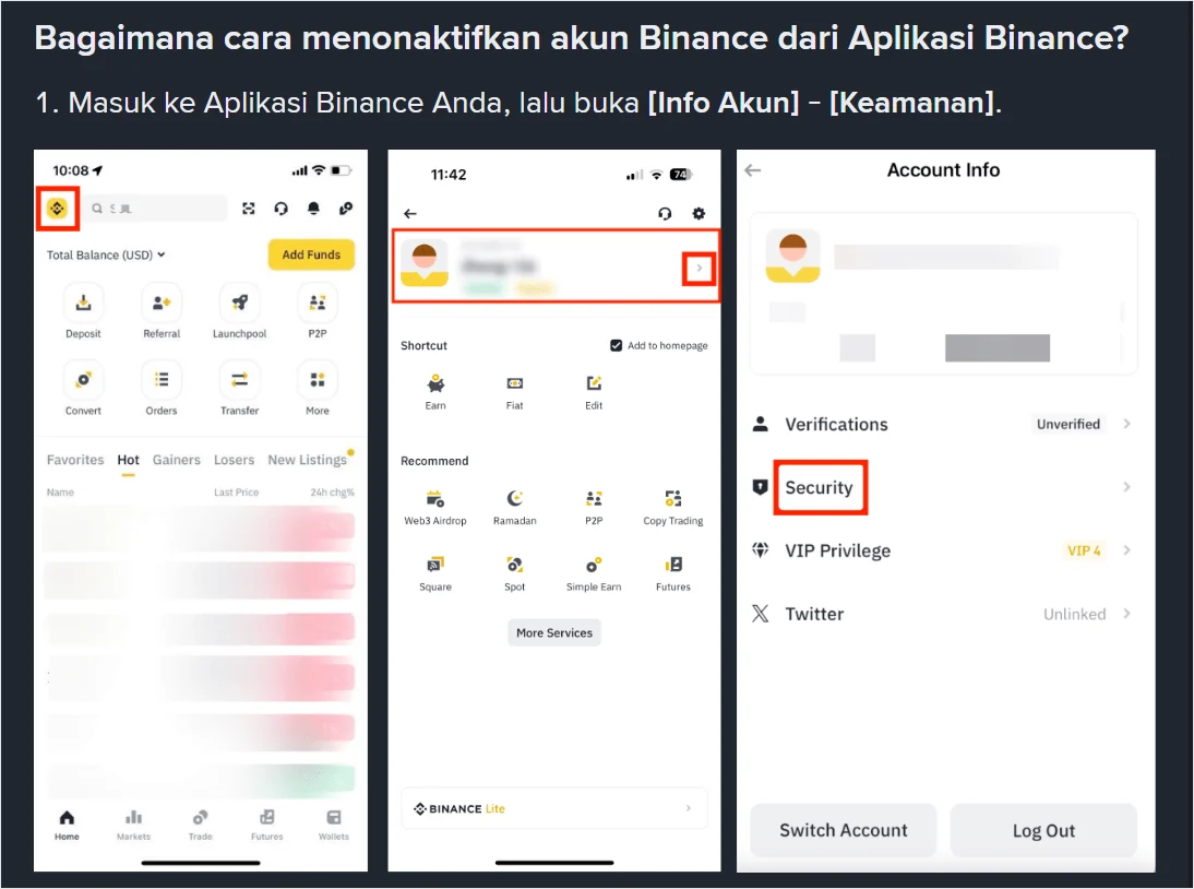 Halaman bantuan Binance berbahasa Indonesia menampilkan langkah Masuk ke Aplikasi Binance lalu buka Info Akun dan Keamanan, sementara tangkapan layar aplikasi di bawahnya berbahasa Inggris dengan menu Account Info dan Security