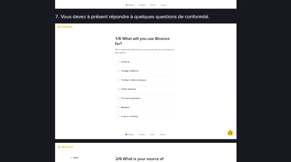 Étape 7 du guide EEE de Binance : un questionnaire de conformité dont la première question porte sur l'usage prévu du compte