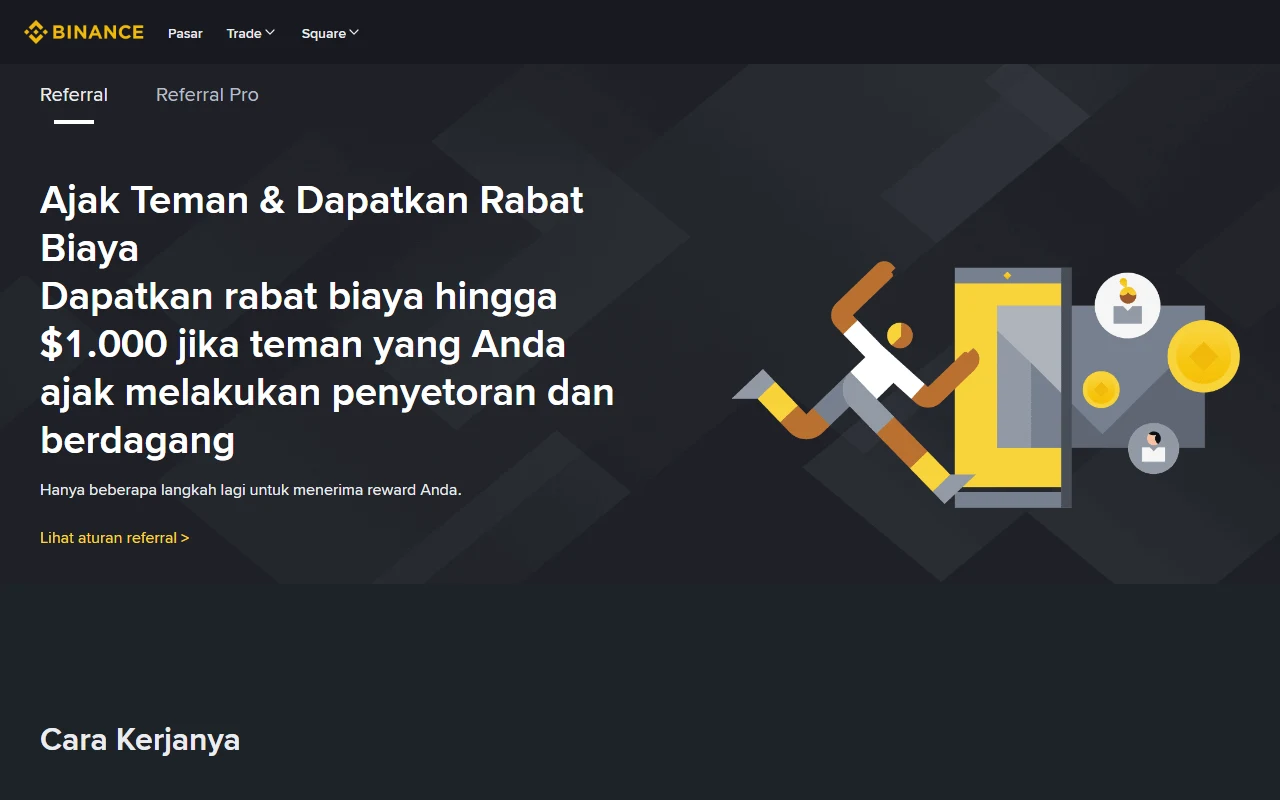 Tangkapan layar halaman Referral Binance berbahasa Indonesia yang menampilkan tab Referral dan Referral Pro serta penawaran rabat biaya.