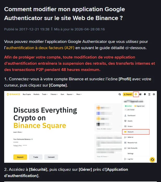 Page d'aide Binance en français intitulée Comment modifier mon application Google Authenticator sur le site Web de Binance, mise à jour le 2026-04-28, avec un avertissement en rouge sur la suspension des retraits pendant 48 heures maximum